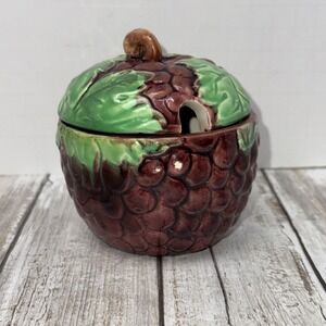 VTG  Occupied  Japan Deep Red Grape Figural Sugar Bowl Jam Jar Lid Pottery GUC